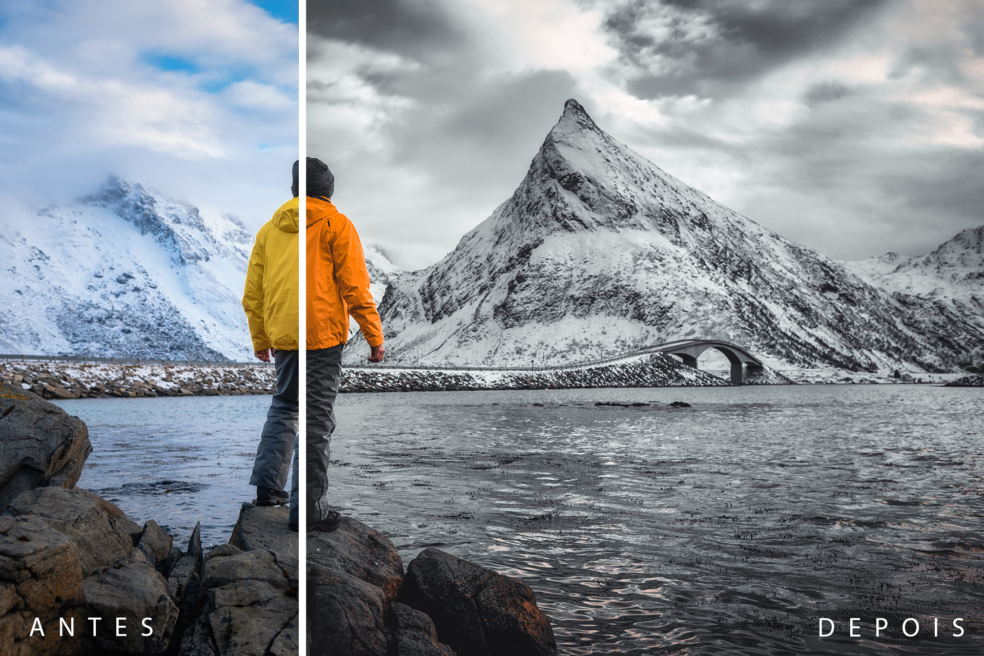 Antes e depois do Preset Cinematográfico aplicado em paisagem