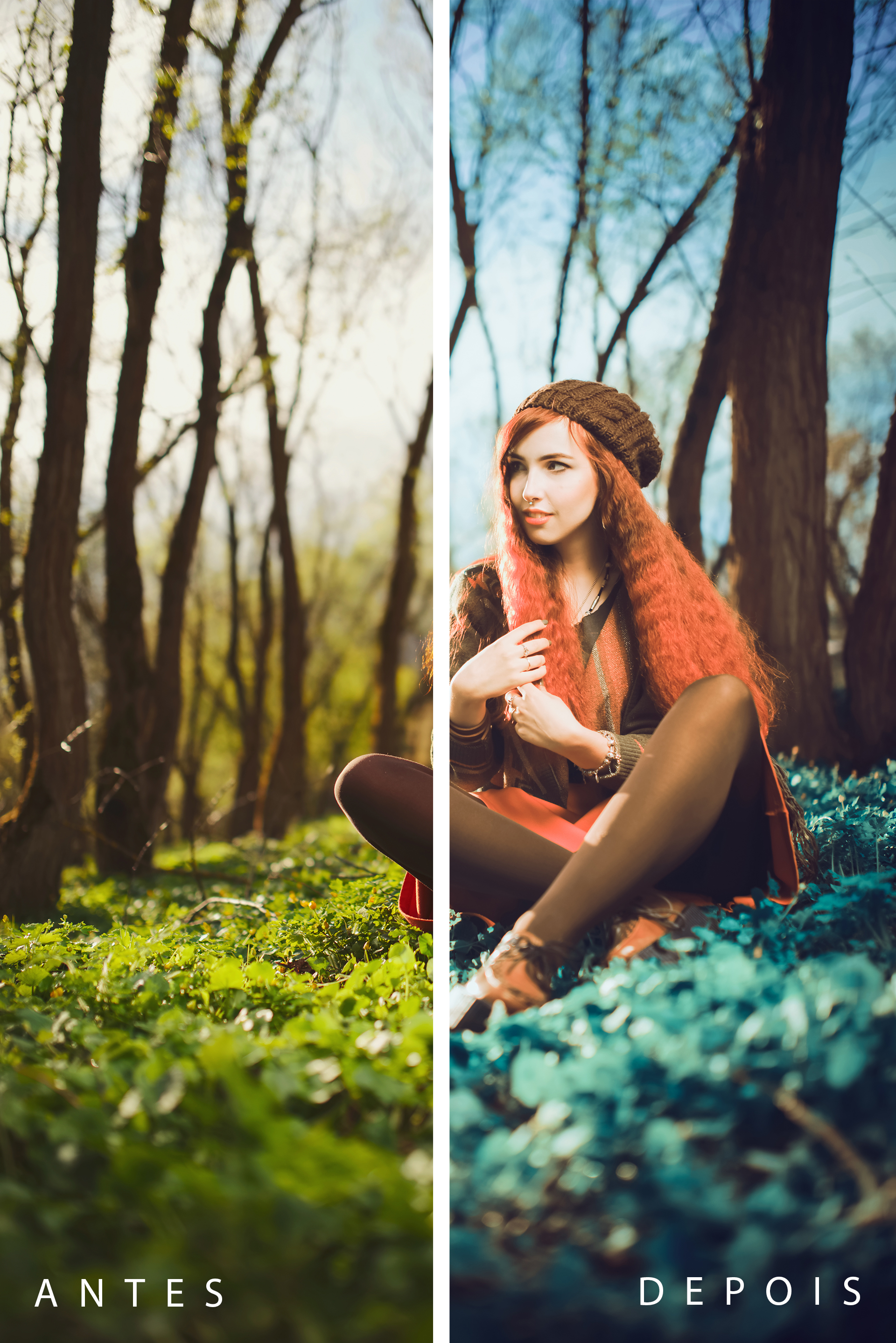 Antes e depois do Preset Místico aplicado em retrato ao ar livre