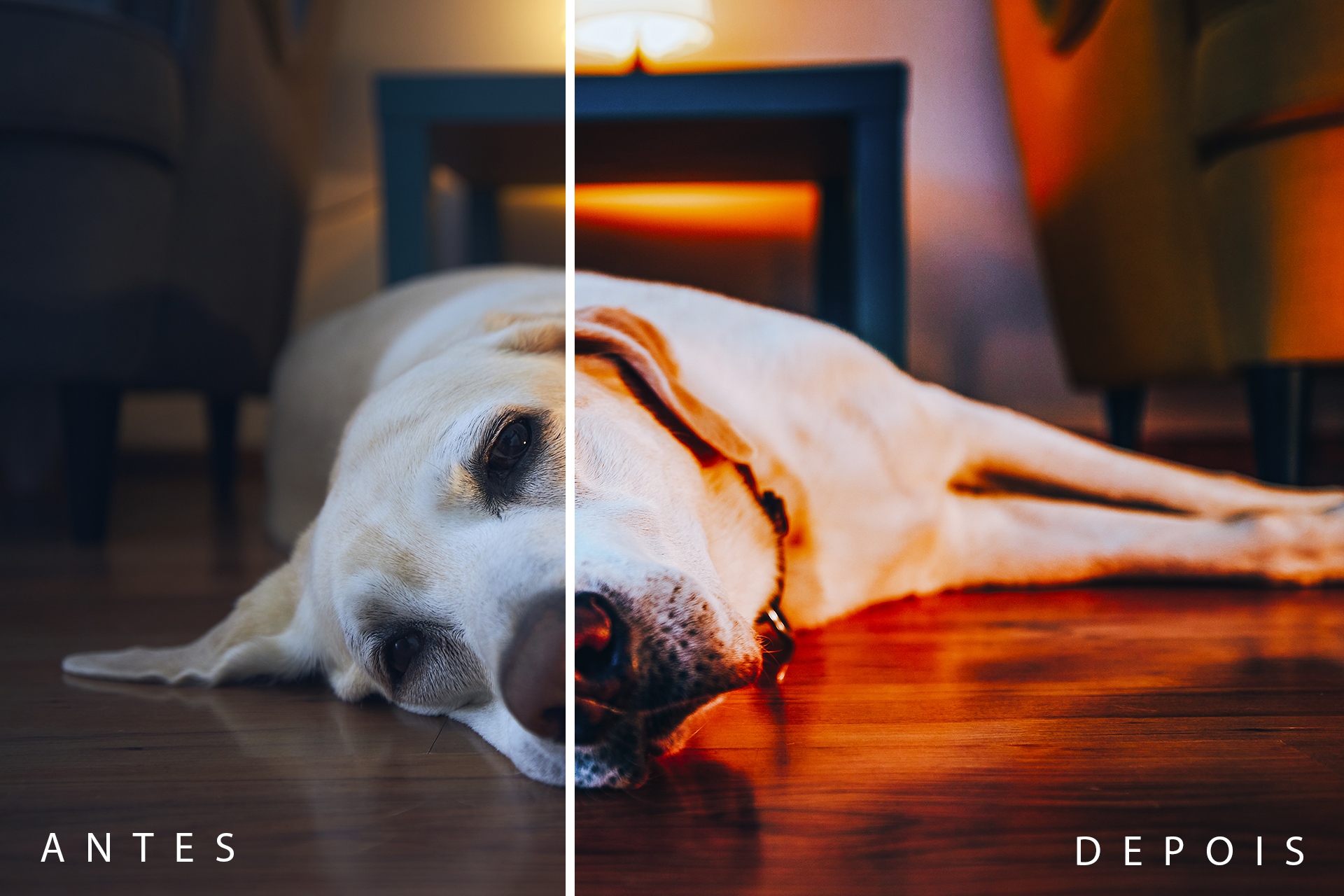 Antes e depois do Preset Quente aplicado em ambiente interno